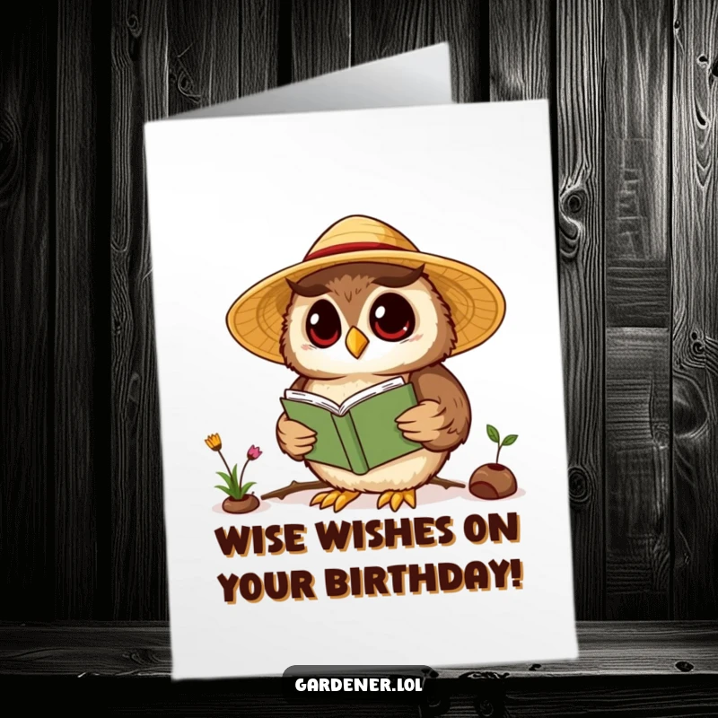 Funny Free Printable Birthday Card: Curious Kawaii owl gardener in a straw hat engrossed in a gardening book.