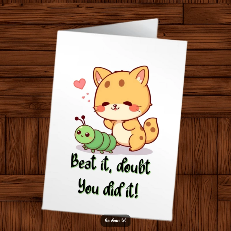 Funny Free Printable Congrats Card: Cute animal comically shooing away a cartoon caterpillar, celebrating an achievement.