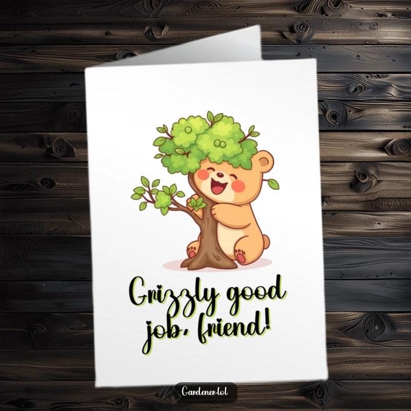 Funny Free Printable Congrats Card: A joyful bear carefully prunes a miniature tree, symbolizing growth and achievement.