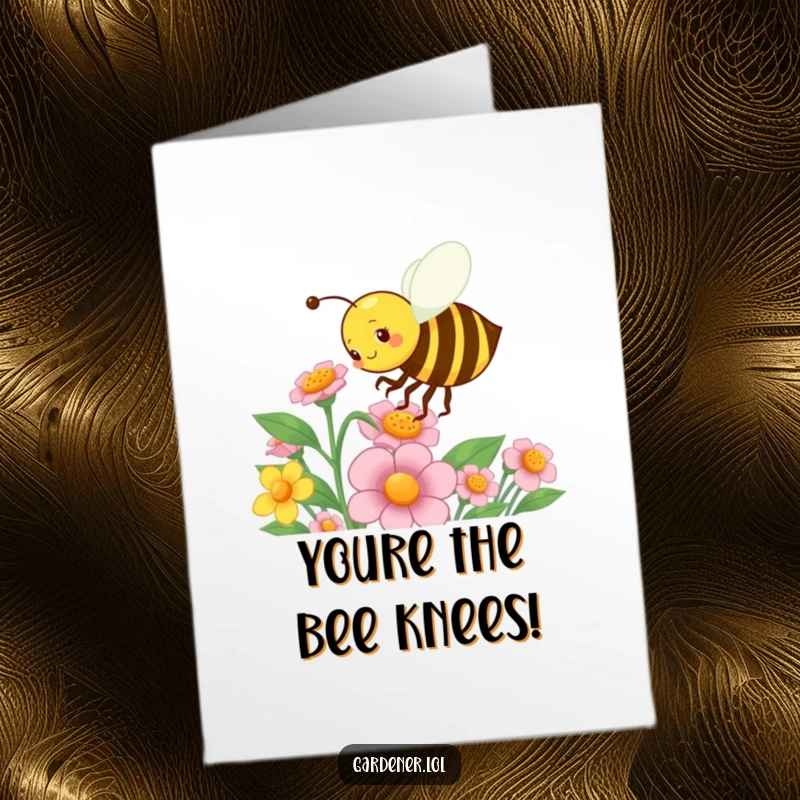 Funny Free Printable Congratulations Card of a busy bee gardener energetically pollinating a flower, symbolizing growth and successful outcomes, DIY congrats.