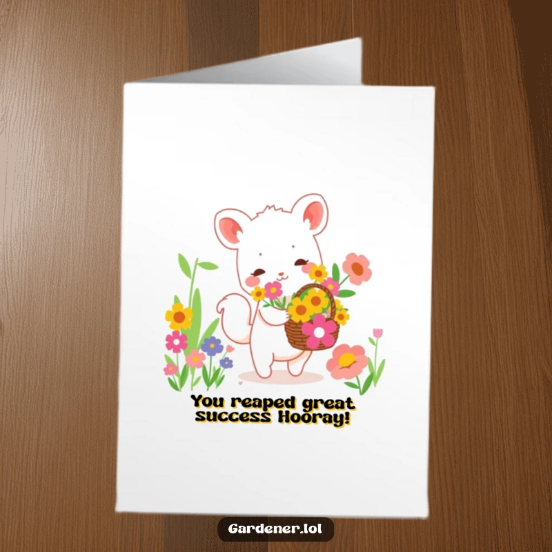 Funny Free Printable Congrats Card: Cute animal happily collecting vibrant flowers in a basket, celebrating an achievement.