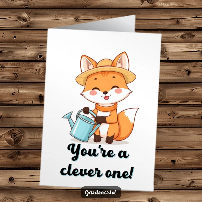 Funny Free Printable Congrats Card: A smiling fox gardener with a straw hat celebrates success, bringing sunny vibes.