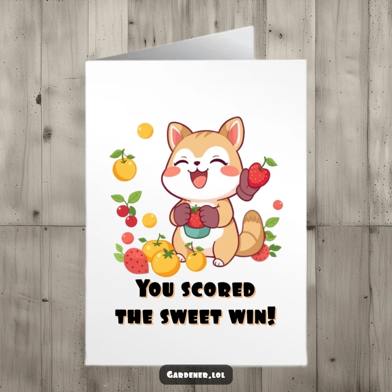 Funny Free Printable Congrats Card: Joyful animal catches falling fruit with gardening gloves, celebrating successful achievements.