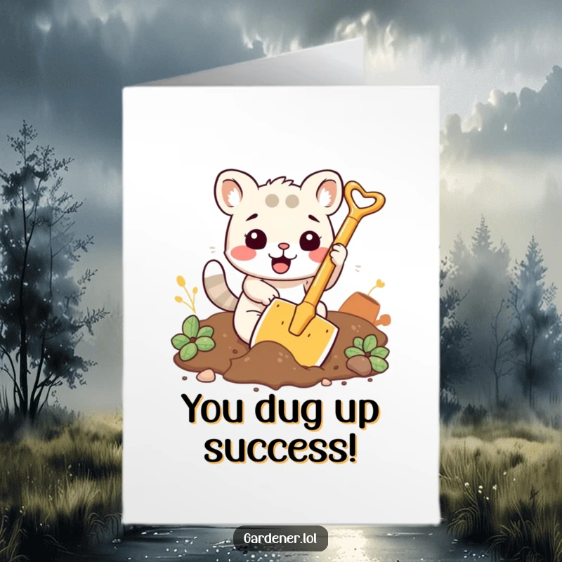 Funny Free Printable Congratulations Card: Kawaii animal enthusiastically digging soil with a large shovel, a great downloadable gift.
