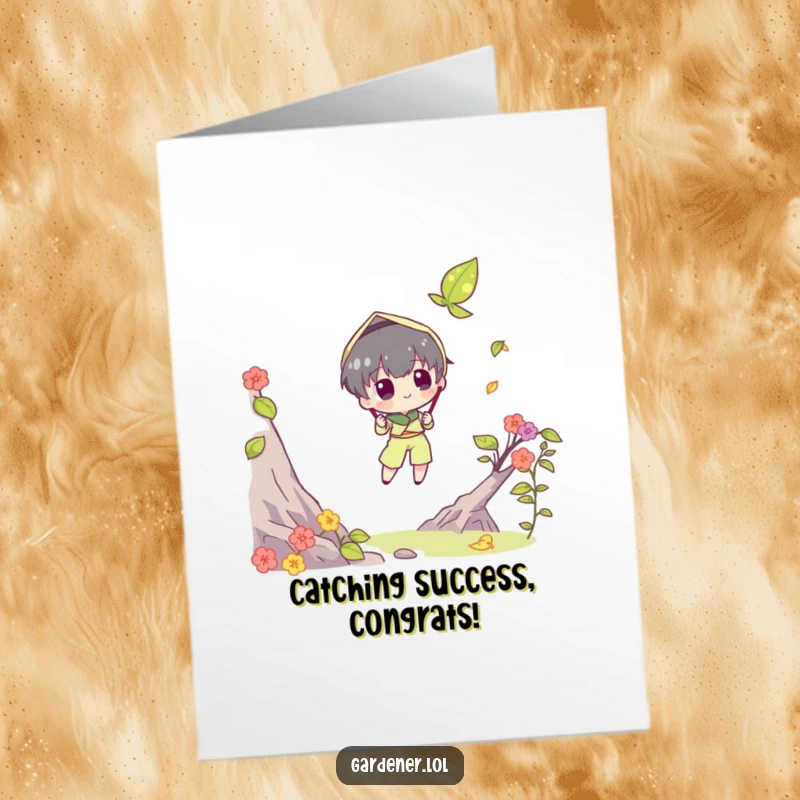 Funny Free Printable Congrats Card: Character humorously attempting to catch a falling leaf with a butterfly net, celebrating endeavors.