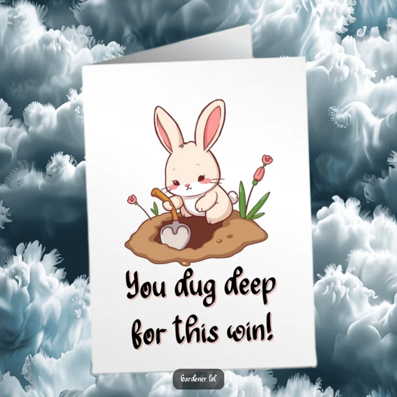 Funny Free Printable Congrats Card: A happy rabbit intently digging a hole with a tiny shovel, achieving its goal.