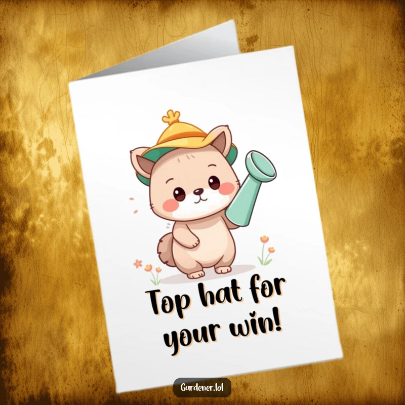 Funny Free Printable Congratulations Card: A charming animal sports a watering can hat, celebrating their big win with DIY humor.