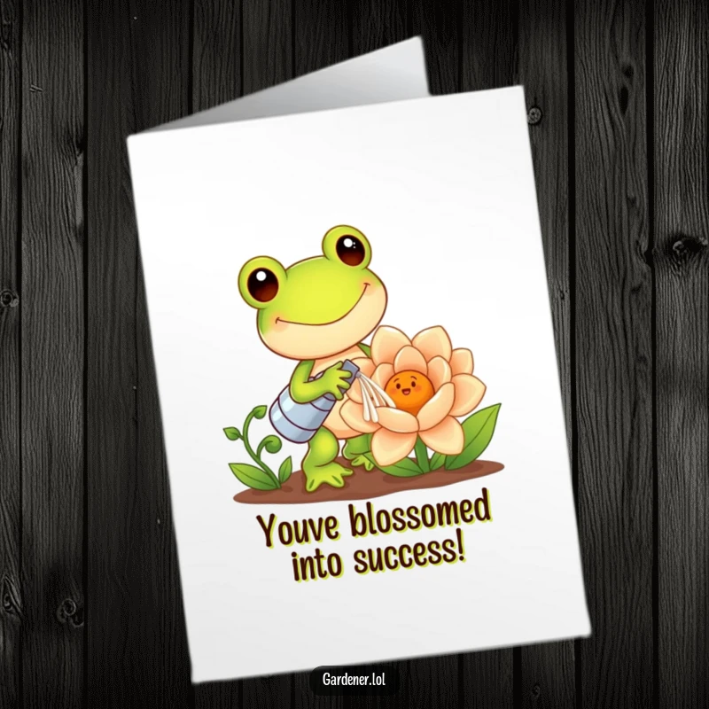 Funny Free Printable Congratulations Card: Happy Kawaii frog gardener waters a giant, smiling flower, celebrating achievement.