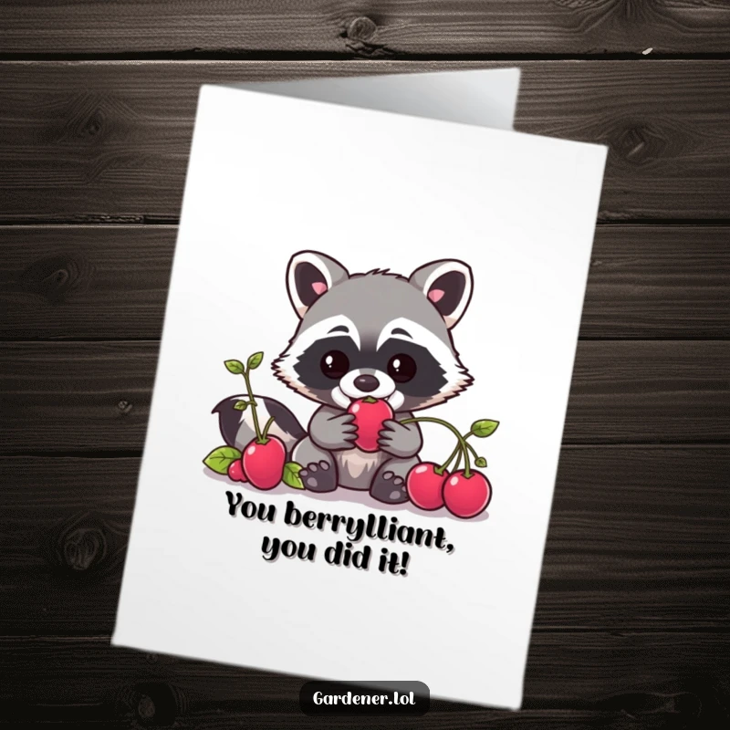 Funny Free Printable Congratulations Card: Kawaii Raccoon gardener pilfering a berry, a humorous downloadable for any occasion.