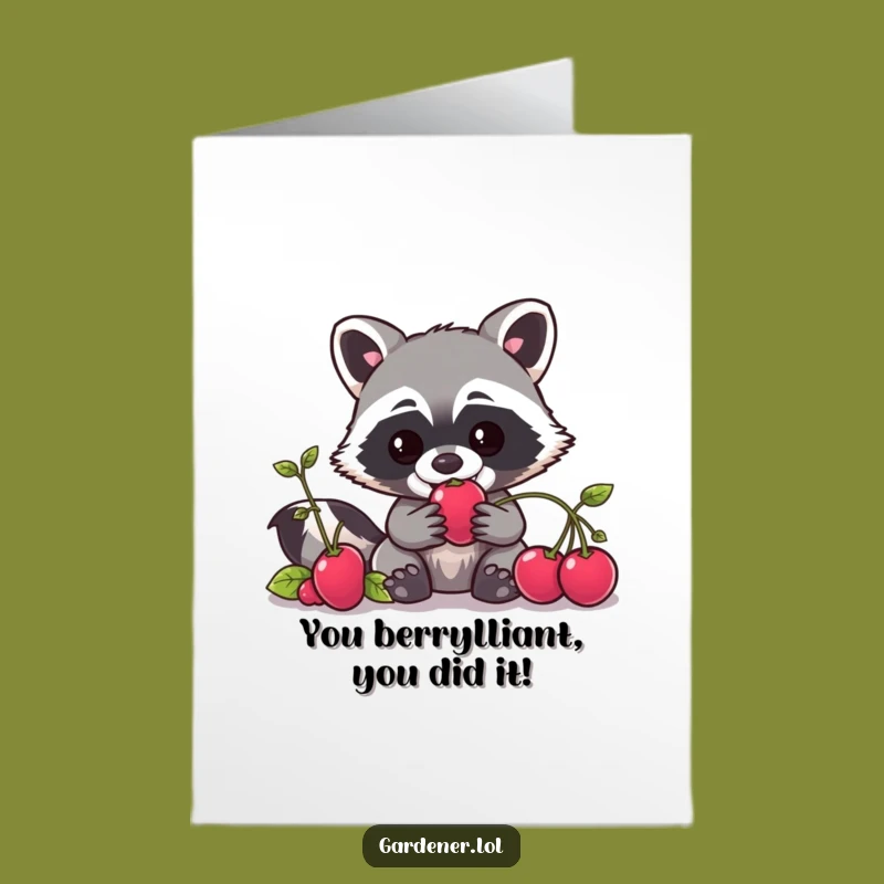 Free Printable Congratulations Card: Sneaky Raccoon Gardener Berry Heist, Funny Downloadable