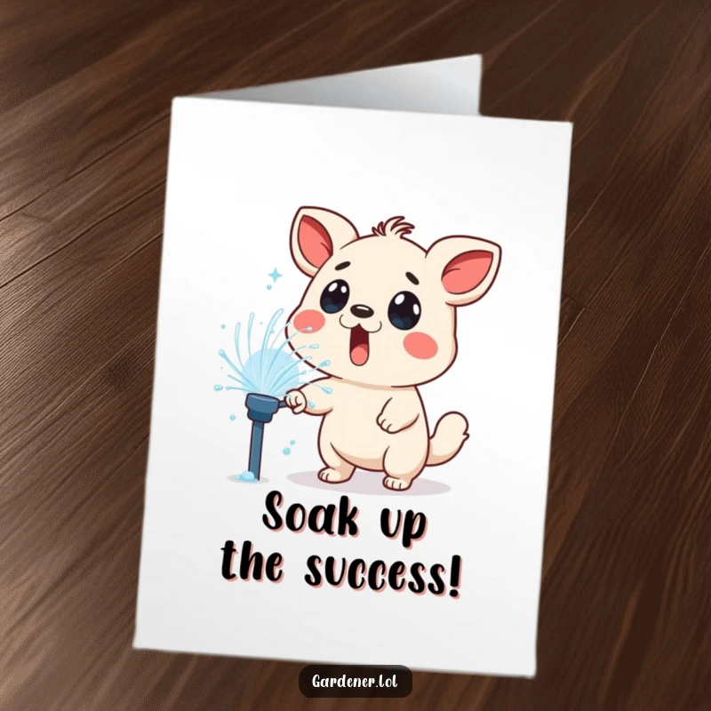 Funny free printable congratulations card: a surprised animal character is playfully drenched by a sprinkler, celebrating success.