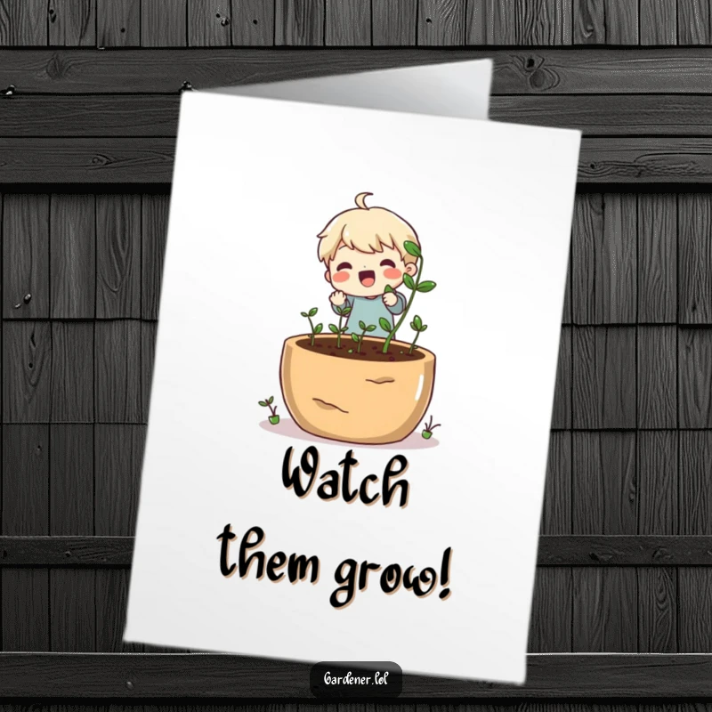Funny Free Printable Congratulations Card: Cheerful character plants tiny seeds in a giant pot, symbolizing new growth and success.