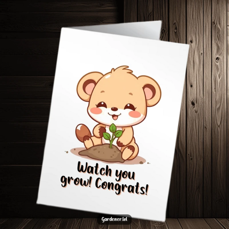 Free Printable Congratulations Card: A determined animal proudly plants a tiny seedling, signifying fresh starts and success.