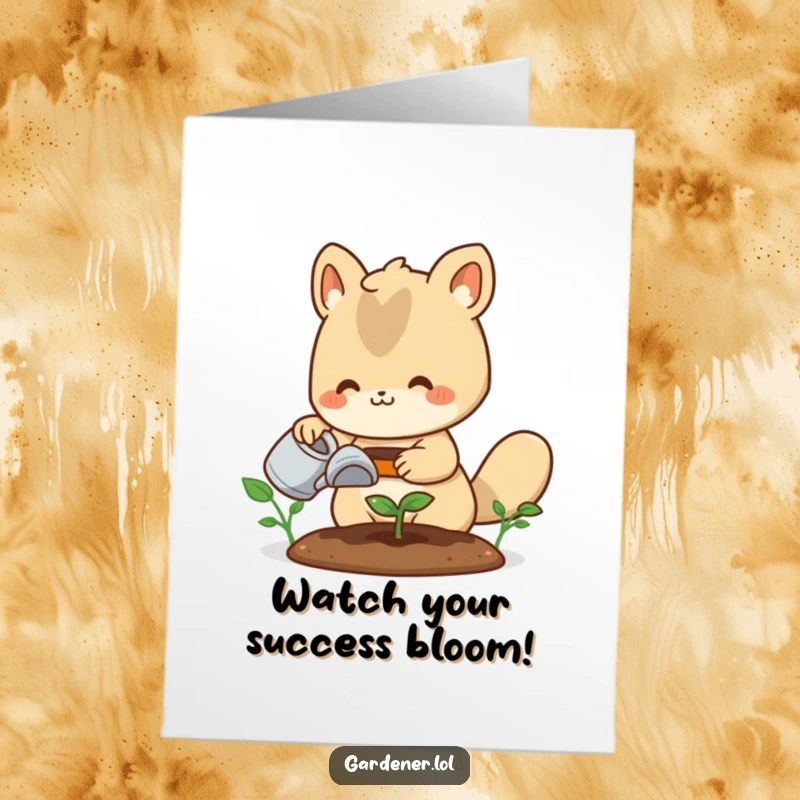 Funny Free Printable Congratulations Card: A cute animal gardener happily waters a tiny sprout, symbolizing growth and new beginnings.