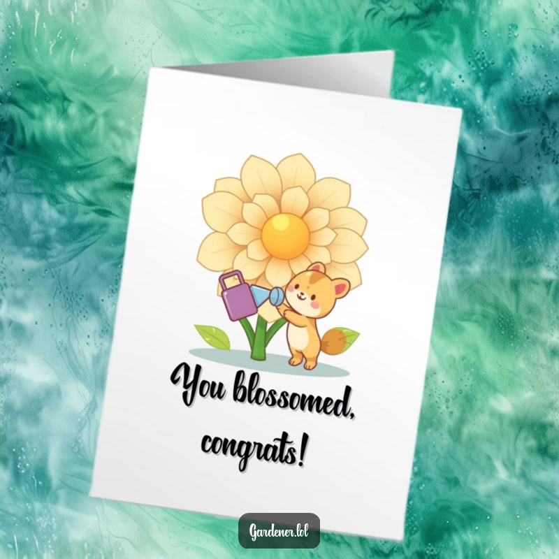 Funny Free Printable Congrats Card: Cute animal waters a giant flower, symbolizing successful growth and new ventures.
