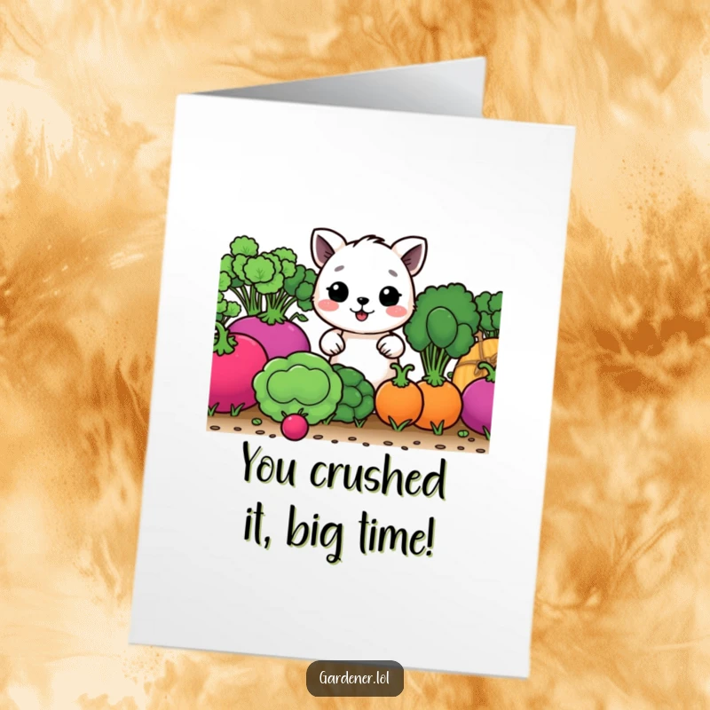 Funny Free Printable Congratulations Card: A cheerful character tending giant vegetables, symbolizing a fruitful achievement.