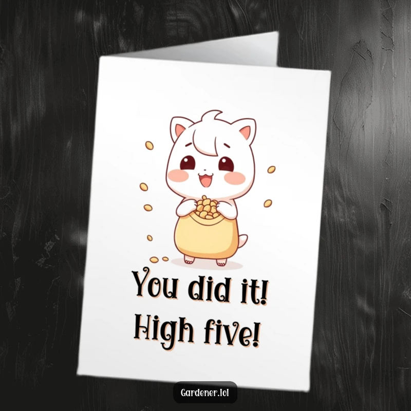 Funny Free Printable Congratulations Card: A grinning gardener character playfully scatters seeds, symbolizing growth and success.