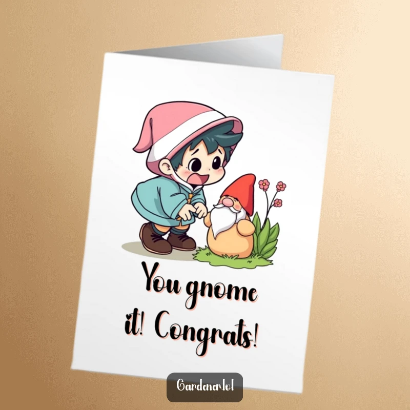 Funny Free Printable Congrats Card: A startled character comically tripping over a garden gnome, spreading congratulations with humor.