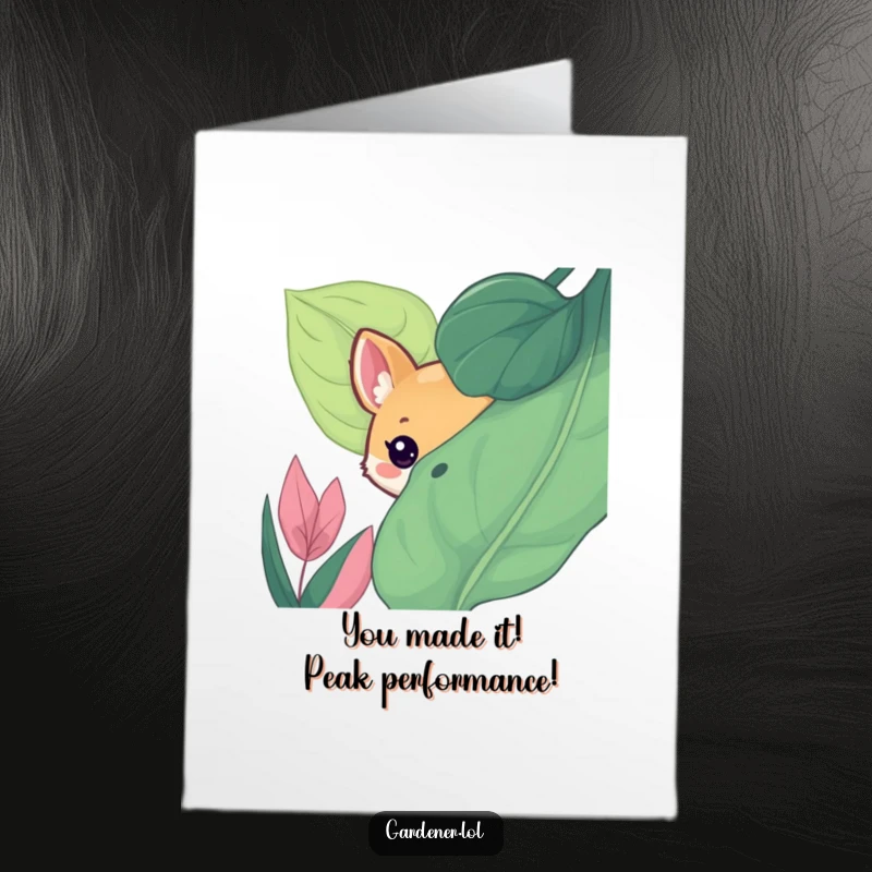 Funny Free Printable Congrats Card: Cute animal peeking from behind a large, lush leaf, celebrating an achievement.