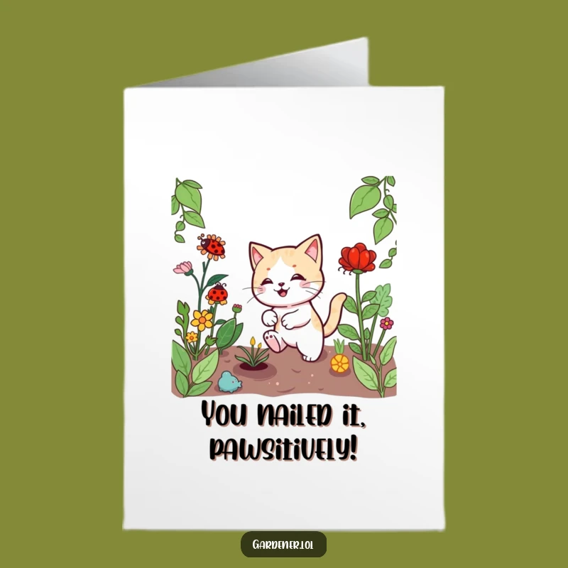 Free Printable Congrats Card: Kawaii Cat Gardener Success, Humorous Downloadable Gift!
