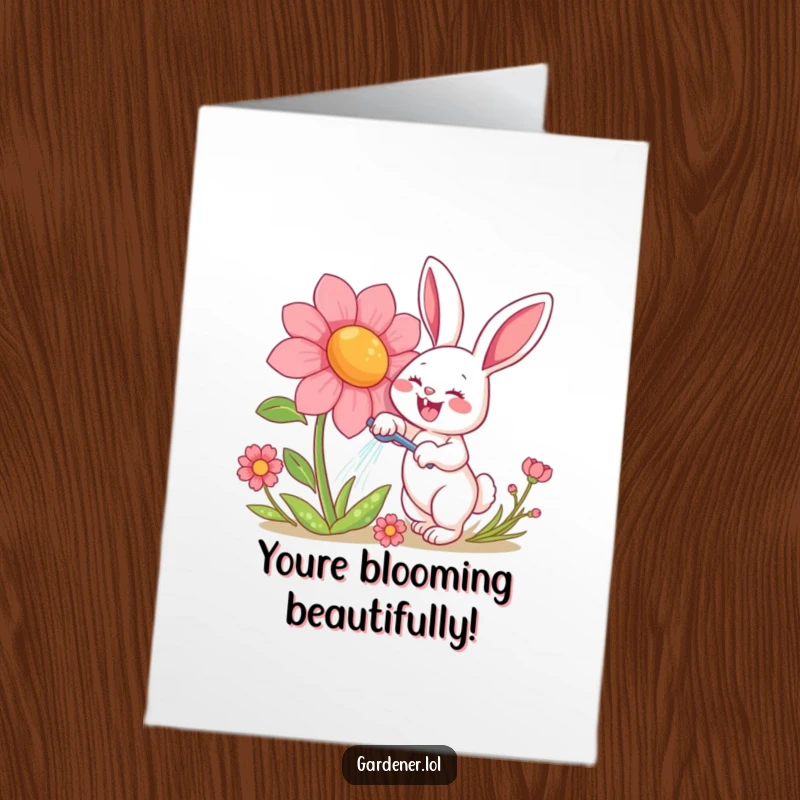 Funny Free Printable Congrats Card: Cheerful rabbit watering a giant smiling flower, celebrating success with garden joy.