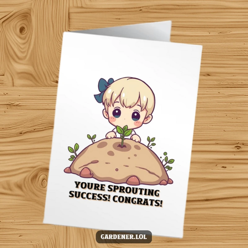 Funny free printable congratulations card of a character admiring a tiny sprout emerging from the earth, celebrating growth.