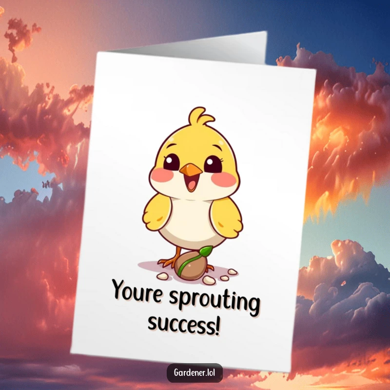 Funny Free Printable Congratulations Card: Happy bird plants a seed, representing new growth.