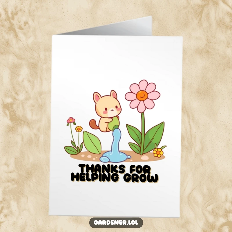 Funny Free Printable Animal Thank You Card: Small character watering a large flower, symbolizing growing appreciation.