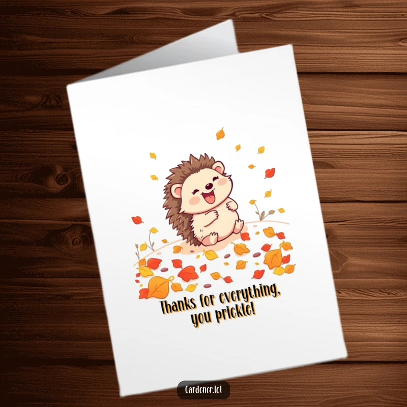 Funny Free Printable Hedgehog Gardener Thank You Card, rolling with leaves, expressing heartfelt thanks with a grin.