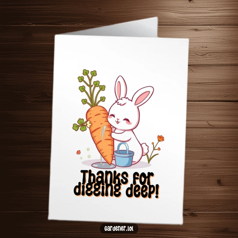 Funny Free Printable Thank You Card: A cute bunny happily waters a giant carrot, offering thanks.