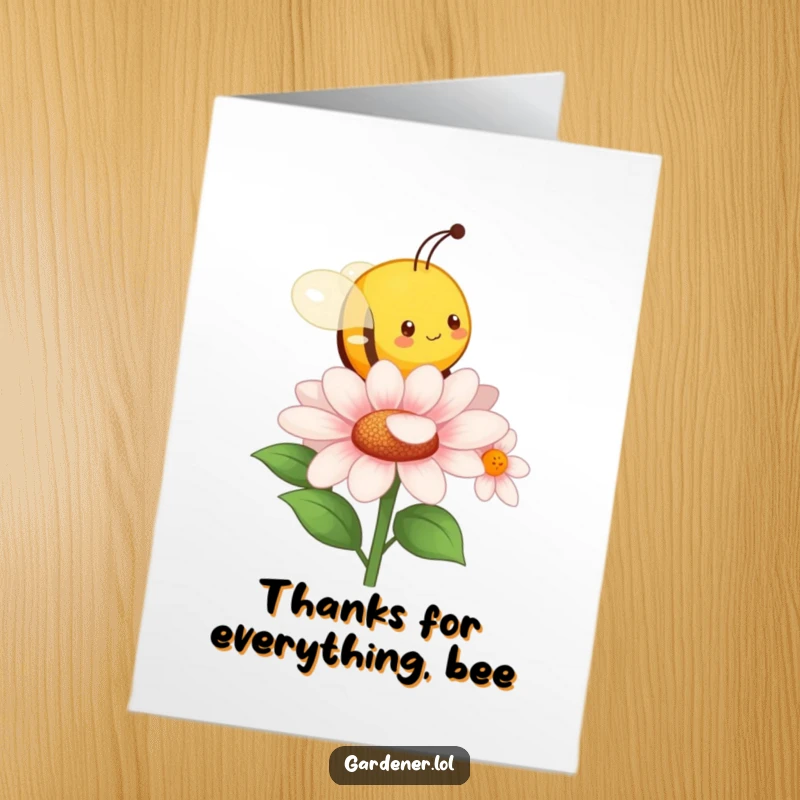 Funny Free Printable Thank You Card: Character imitating a busy bee, buzzing around a flower to express thanks.