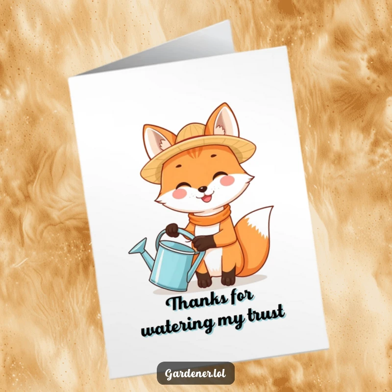 Funny Free Printable Thank You Card: A smiling fox in a straw hat holds a watering can, expressing thanks with a friendly grin.