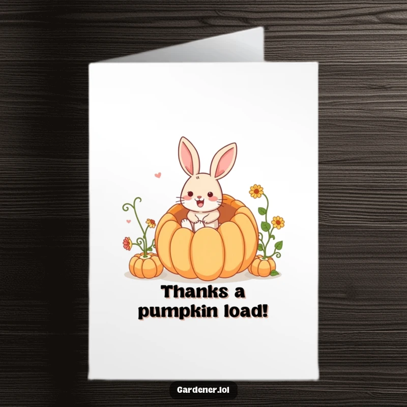 Funny Free Printable Thank You Card: A cheerful rabbit gleefully hops into an enormous pumpkin, saying thanks!