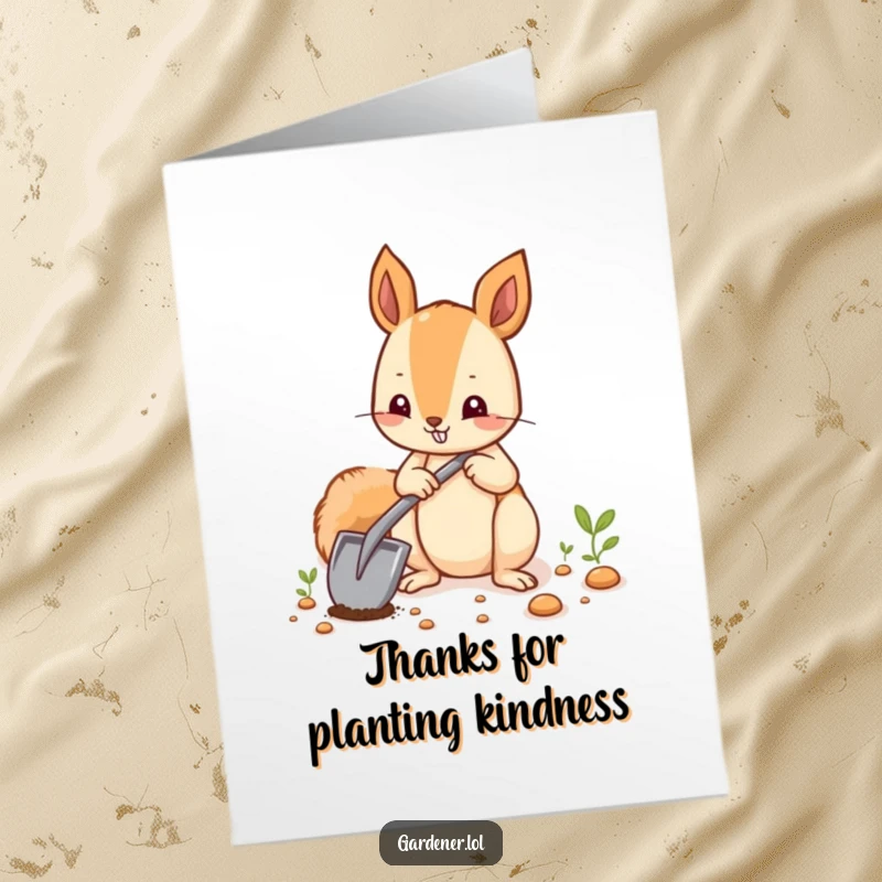 Funny Free Printable Thank You Card: A happy squirrel diligently plants seeds, expressing heartfelt thanks with a smile.