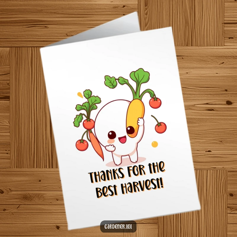 Funny Free Printable Thank You Card: Character beams holding a huge, vibrant vegetable. Unique downloadable art for expressing thanks.