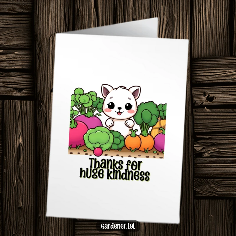 Funny Free Printable Thank You Card: A happy character tending enormous vegetables, expressing gratitude with a big smile.