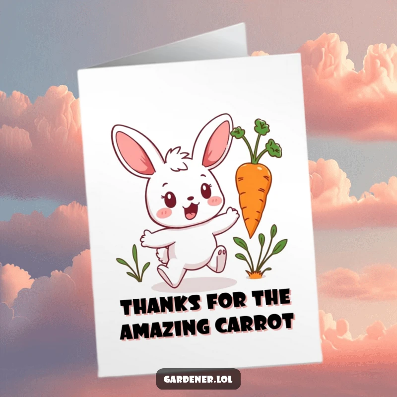 Funny Free Printable Thank You Card: Surprised Kawaii bunny gardener hops away from a rogue hopping carrot, humorous thanks.