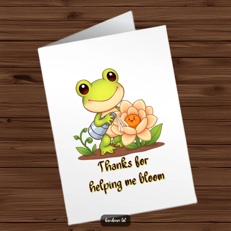Funny Free Printable Thank You Card: Cute Kawaii frog gardener waters a giant, smiling flower, expressing thanks.
