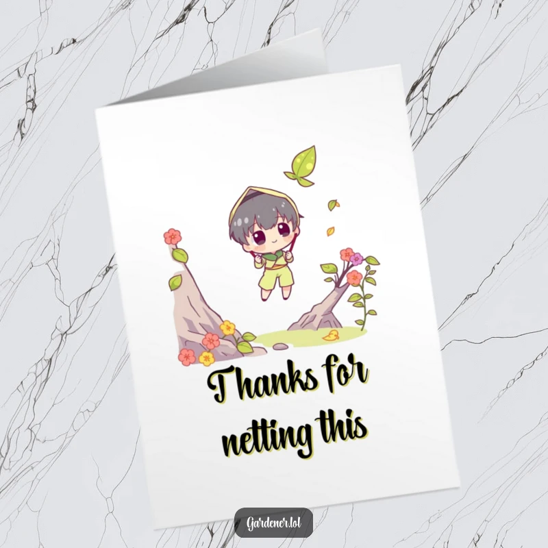 Funny Free Printable Thank You Card: Character attempts to catch a falling leaf with a butterfly net, showing thankful determination.