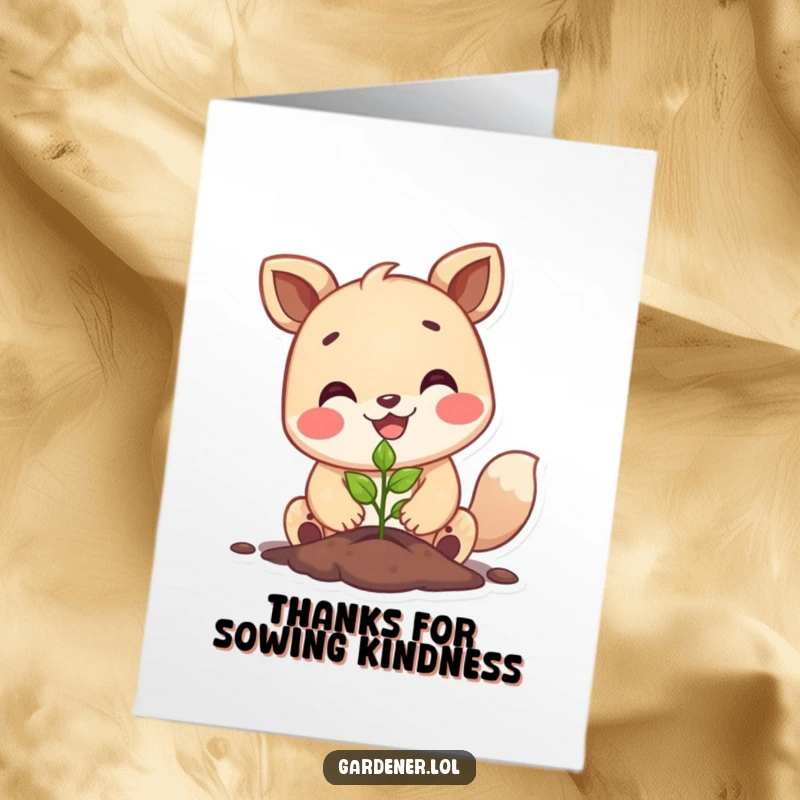 Funny Free Printable Thank You Card: Happy animal plants a tiny seedling with a big smile, a symbol of gratitude.