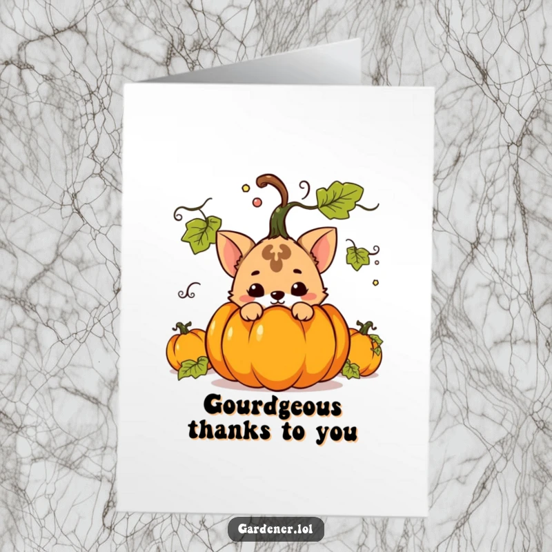 Funny free printable thank you card: a mischievous animal character hides behind a large pumpkin, offering thanks.