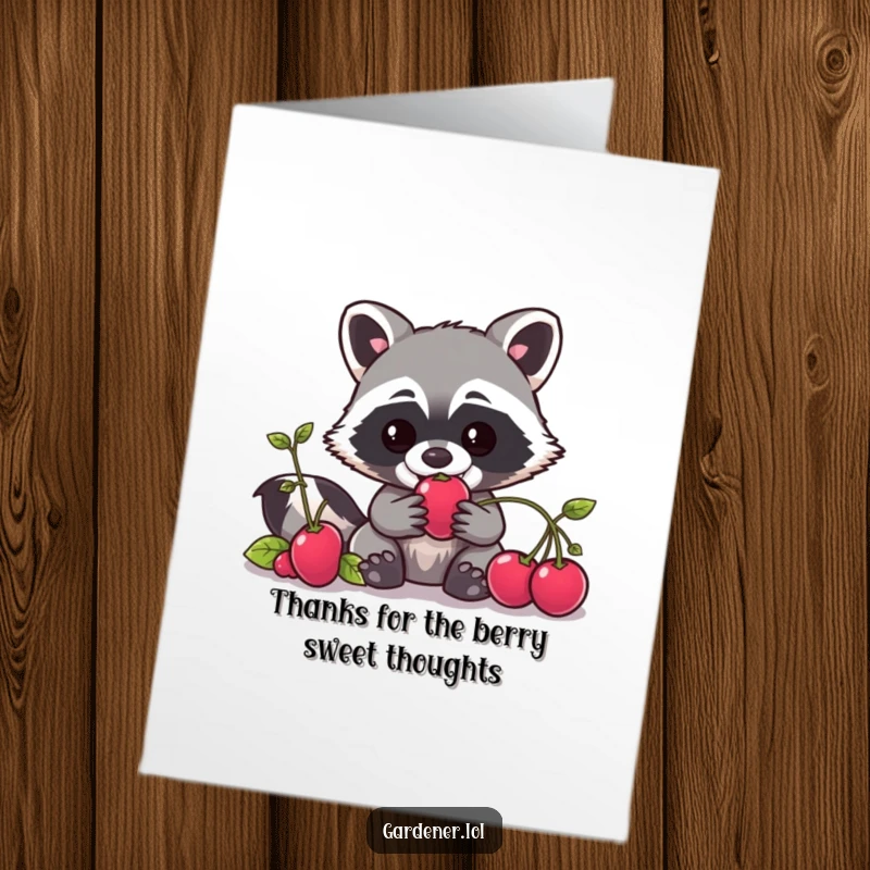 Funny Free Printable Thank You Card: Mischievous Kawaii Raccoon gardener caught stealing a berry, a unique DIY gift.
