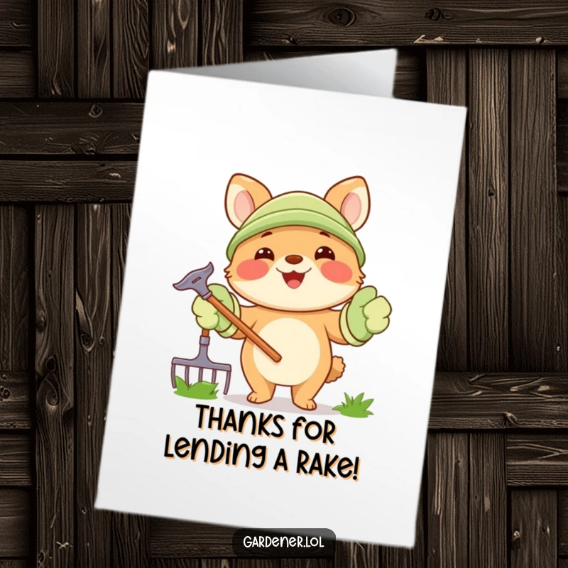 Funny Free Printable Thank You Card: A happy animal holding a rake in oversized gloves expresses heartfelt thanks.