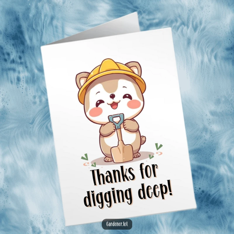 Funny Free Printable Thank You Card: Happy character balances a tiny shovel on its nose, offering thanks with delightful skill.