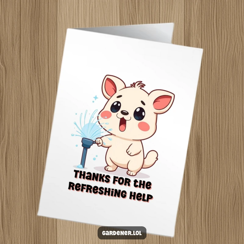 Funny free printable thank you card: a surprised animal character gets joyfully sprayed by a sprinkler, like a thank you shower.
