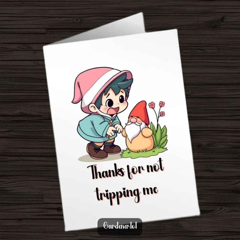Funny Free Printable Thank You Card: Startled character comically trips over a garden gnome, expressing thanks humorously.