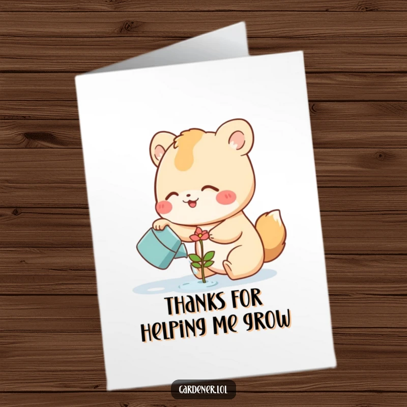 Funny free printable thank you card: a cute animal watering a tiny smiling flower sprout, representing growth thanks.