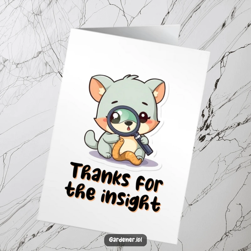 Funny Free Printable Thank You Card: A curious animal inspects a worm with a magnifying glass, showing appreciation with a humorous, DIY touch.