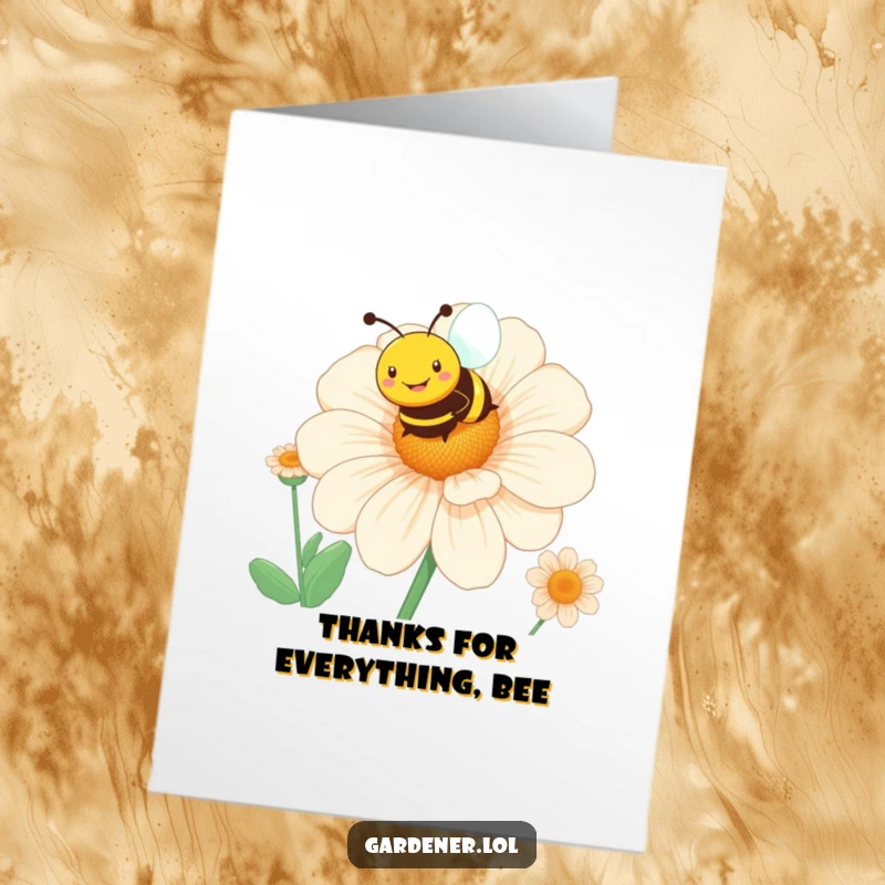Funny Free Printable Thank You Card: Smiling bee with a giant flower, sending warm thanks.