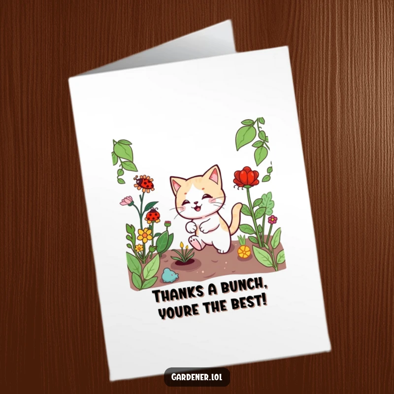 Funny Free Printable Thank You Card: Charming Kawaii cat gardener offering thanks amidst garden greenery.